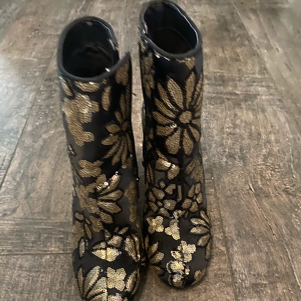Black and gold sequin boots